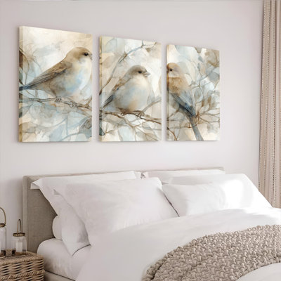 Oiseaux sur une branche, ensemble de 3 reproductions d'art sur toile tendues sur toile