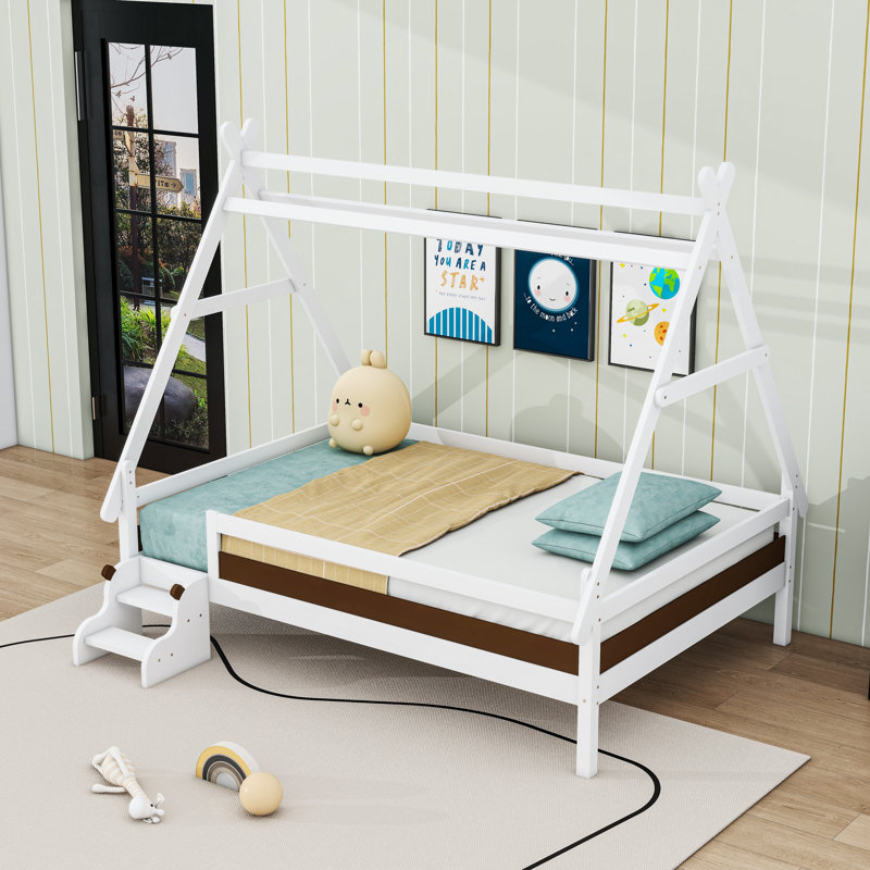 Lit plateforme en bois avec forme de maison, Lit double, Blanc