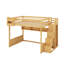 Grand lit mezzanine en bois avec escalier et garde-robe, tablettes de rangement et espace sous le lit-946739585