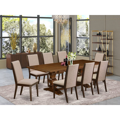 L'ensemble de table de salle à manger 5 pièces comprend une table de cuisine rectangulaire amovible et 4 chaises rembourrées en tissu de lin sable clair, noyer antique