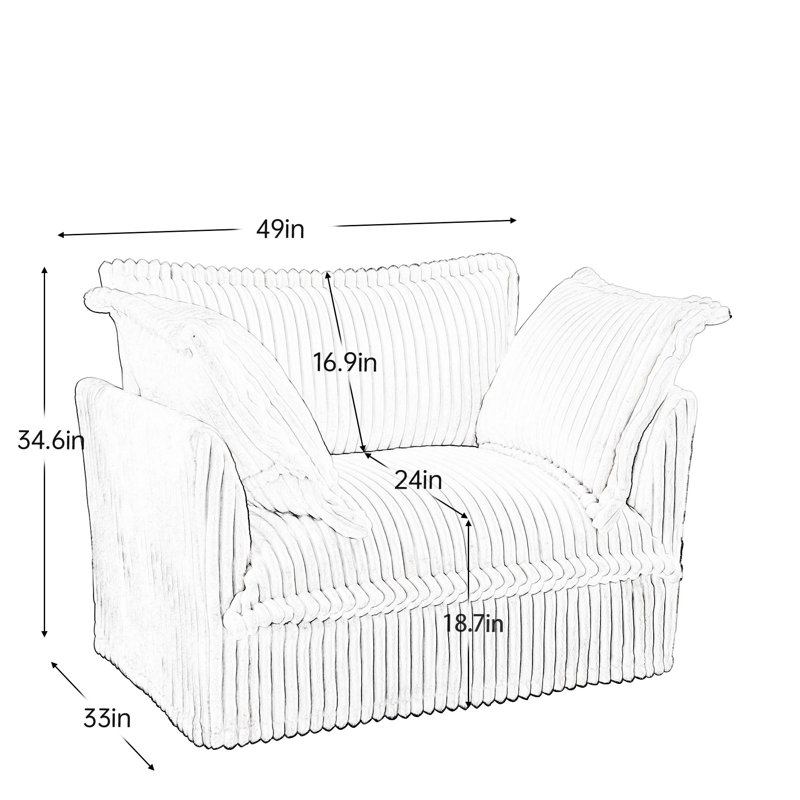 Gray Corduroy Slipcovered Armchair For Living Room And Bedroom - Comfortable High Back, Spacious Seating, Removable Covers, Easy Assembly 2 Seat With Deep Seats Back Pillows Luxurious Cushions, Wood
