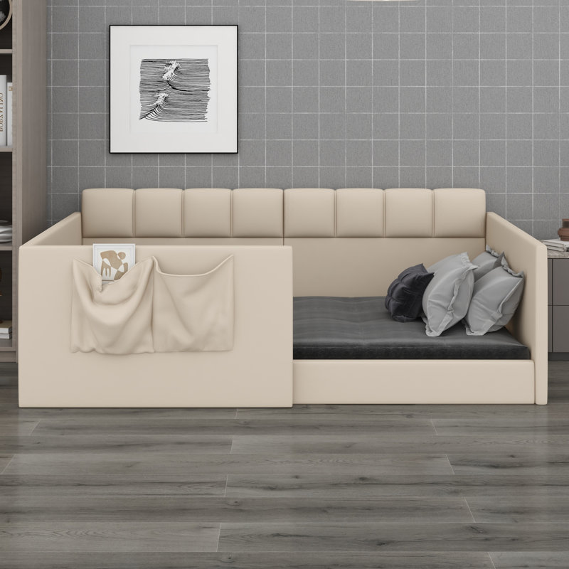 Space Saving Guest Bed with Storage Pockets, Daybed and High Side Panels, Beige, Twin
