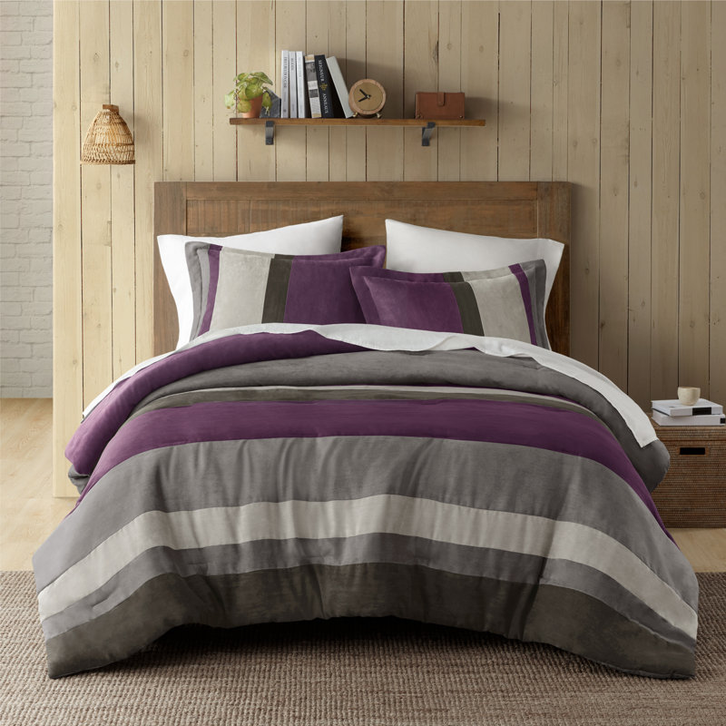 Boulder Stripe Purple Pieced Microsuede Cozy 3-Piece King/Cal King Comforter Set, Purple