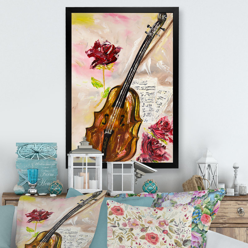 Violon et roses - sur, Impression noire sur toile encadrée, H 20 po x l 12 po x P 1 po