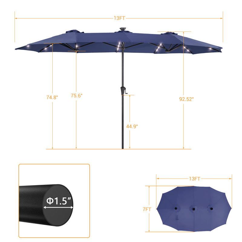 Parasol à double face 13 po x 7,2 pi à énergie solaire avec grand auvent, Marine