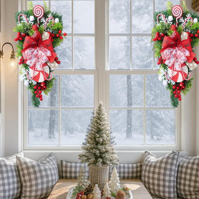 Set of 2  Pink Christmas Wreath, 20 Inch Modern Farmhouse Wreath with Quilted Bow & Berries for Front Door, Unique Xmas Decor for Indoor Outdoor Holiday Decorating