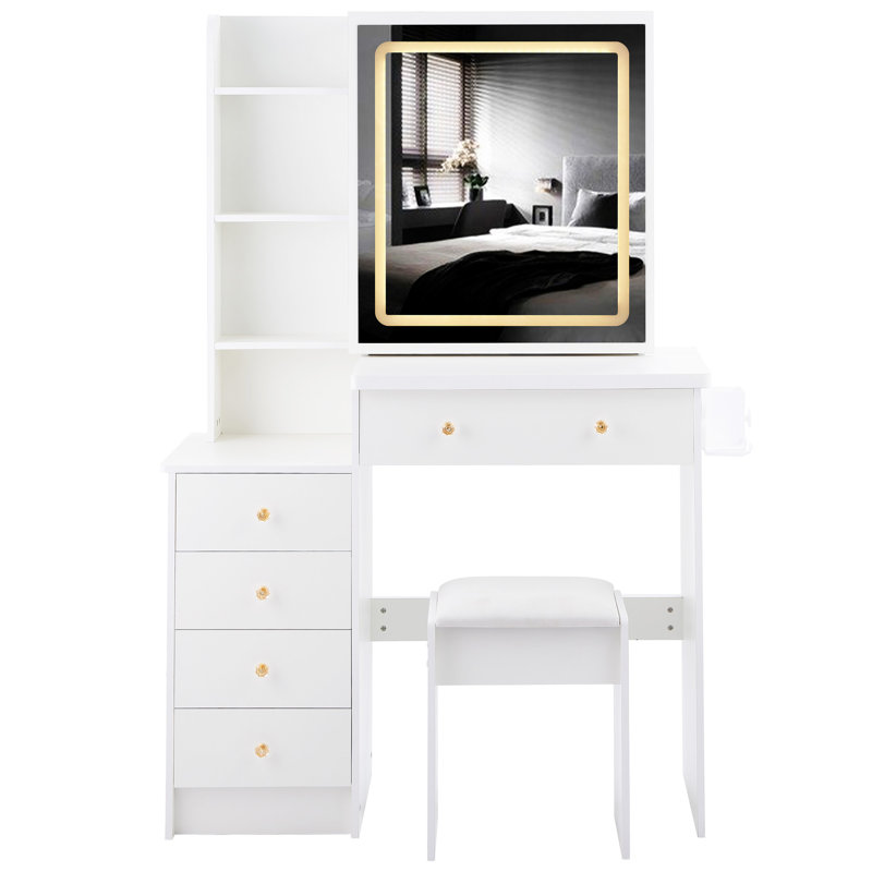 Ensemble de coiffeuse 37 po avec commode de taille moyenne et tabouret coussiné 37 po, Blanc