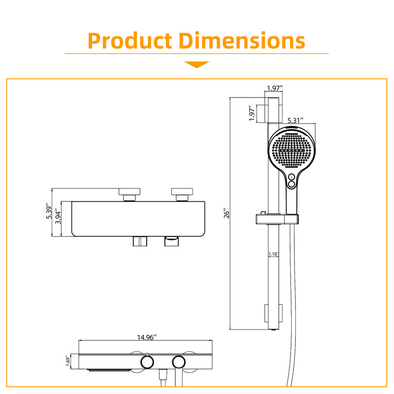 Système de douche complet à 2 fonctions avec barre coulissante 2,1 gal / min, Or brossé