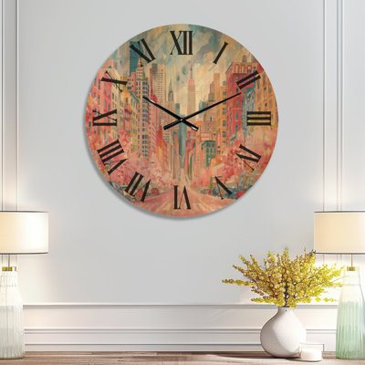 Très grande horloge murale en bois imprimé Cityscape - Bâtiments de New York en été