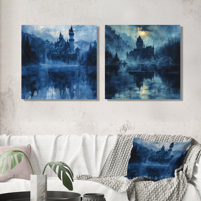 Bleu et noir, château médiéval allemand I, château, art mural, décoration murale traditionnelle, Toile tendue