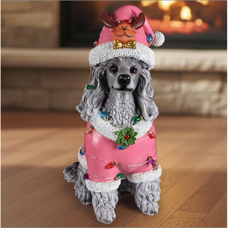 Statue de Noël caniche, Figurine de chien de Noël en tenue de père Noël, Gris / Rose