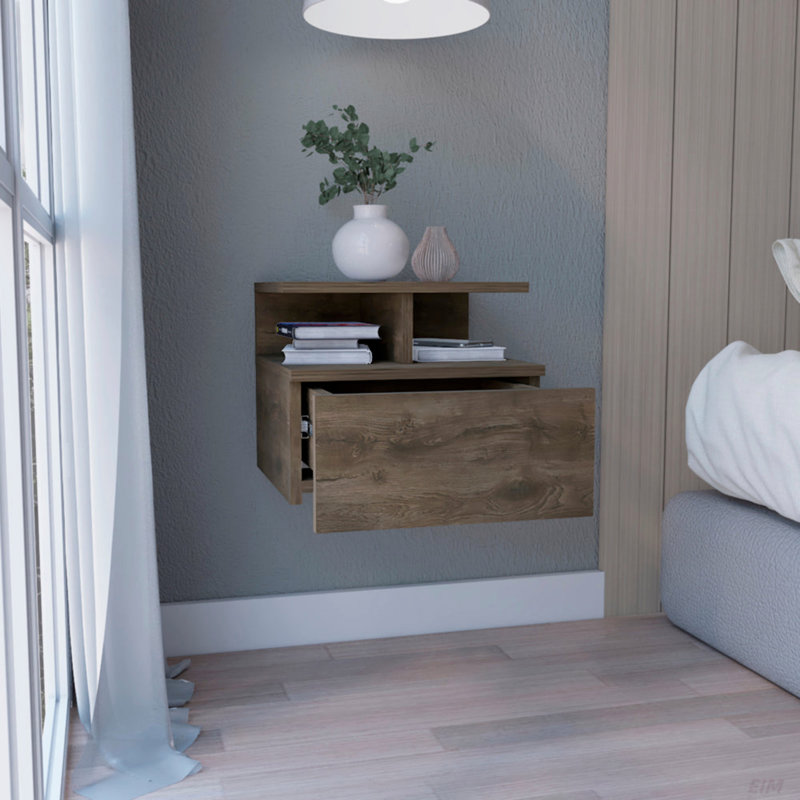 2-Tier Shelf Floating Nightstand, Dark Walnut