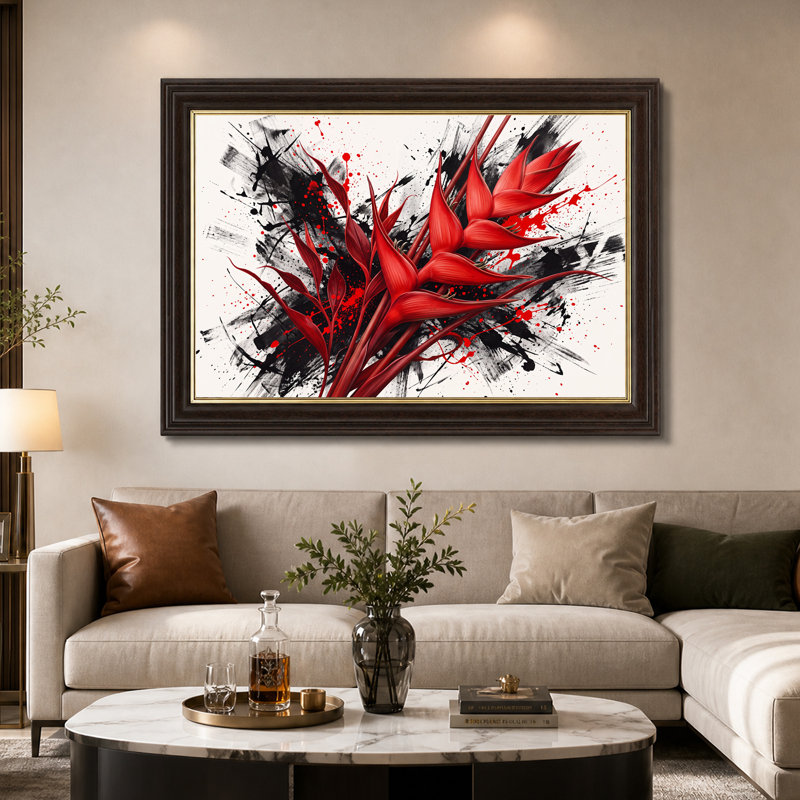 «Vibrant Red Tropical Flowers with Black Ink Splatter», art mural, 12"H x 18"W