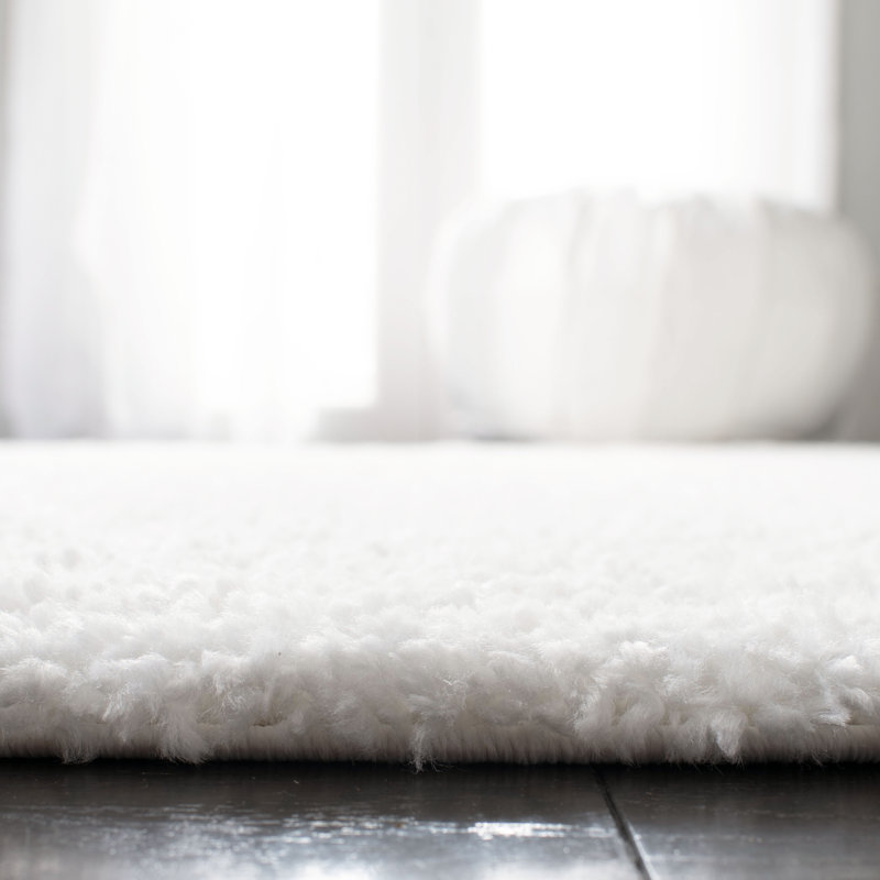 Tapis blanc à poils longs Jiang, Rond 5 pi 3 po