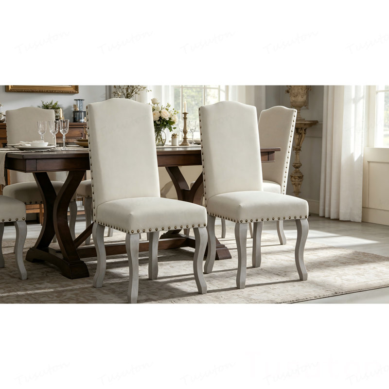 Ensemble de 2 chaises de salle à manger rembourrées en lin beige clair, chaises d'appoint décoratives à garniture cloutée avec pieds en bois massif, assemblage facile pour le bar de la cuisine de la salle à manger