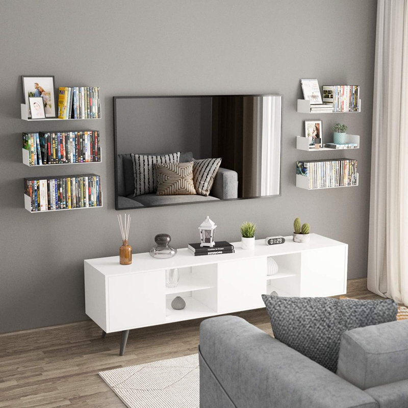 White U-Shaped Floating Wall Shelves Set Of 6, Metal CD & DVD Storage Shelves