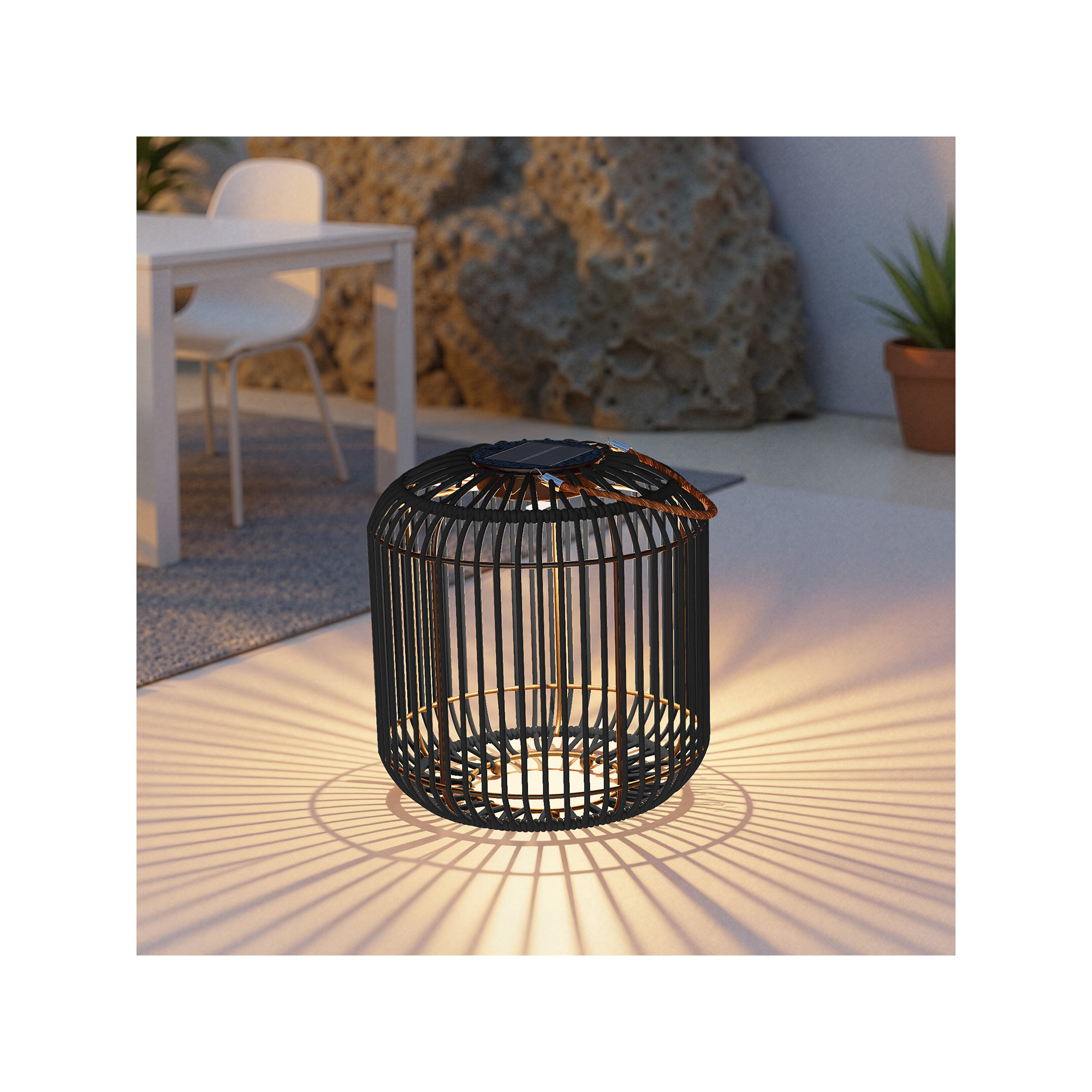 9.45" H All Iron Frame Rattan Lantern With Hemp Rope Handle,  Matte Black