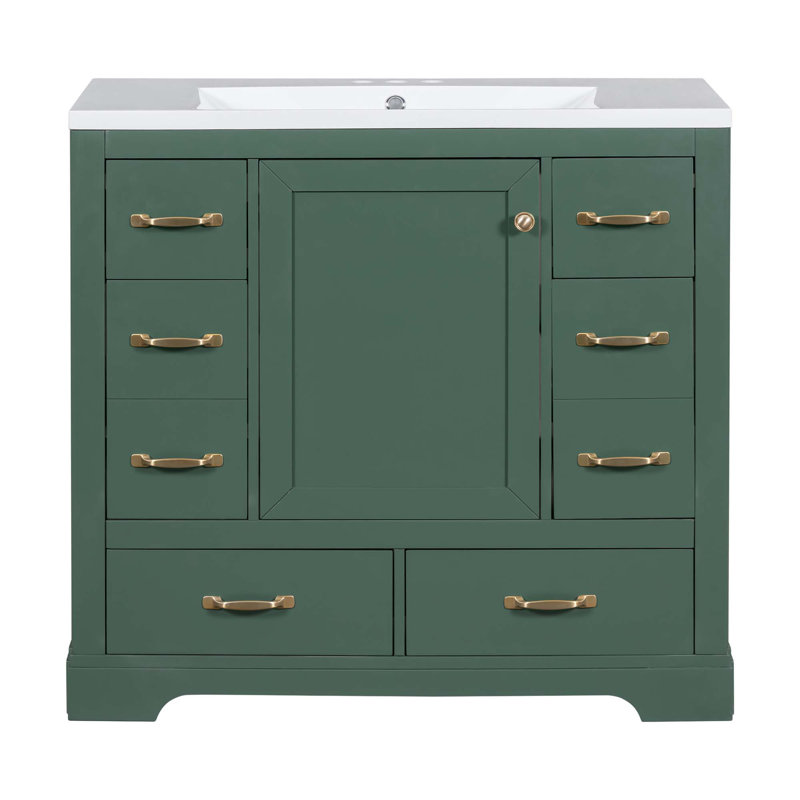 Meuble-lavabo 36 po avec lavabo 36 po, 6 tiroirs, diviseur de tiroir multifonctionnel, tablette réglable, Vert