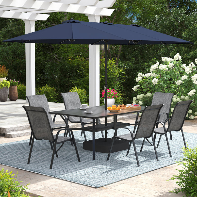 6-Person Rectangular Patio Dining Set With Umbrella & Textilene Stackable Chairs, Black/Blue