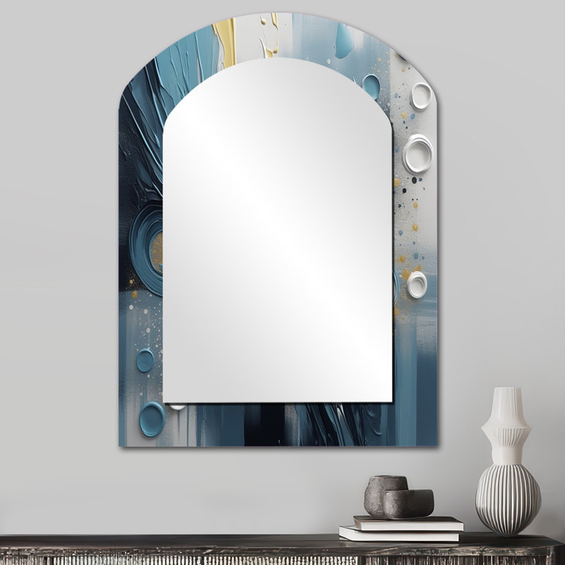 Blue And White Ethereal Abstractions - Abstract Painting Arch Decorative Mirror, Blue Asymmetrical Wall Mirror, Printed Metal Art