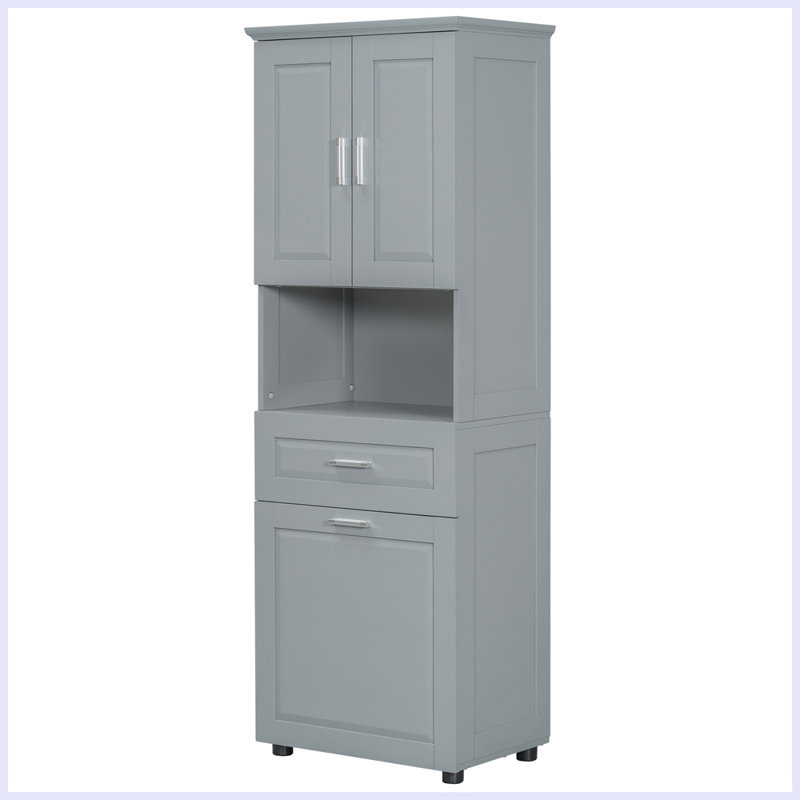 Grande armoire de salle de bain avec panier à linge, grand panier à linge inclinable et armoire de rangement supérieure, Gris