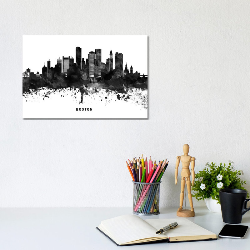 Boston Skyline Black And White by WallDecorAddict - Wrapped Canvas Painting, 20.32cm H x 30.48cm W x 1.905cm D