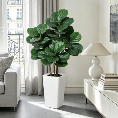 4ft/5ft/6ft Artificial Fiddle Leaf Fig Tree with White Planter, Faux Ficus Lyrata Silk Tree for Home & Office Indoor Decor
