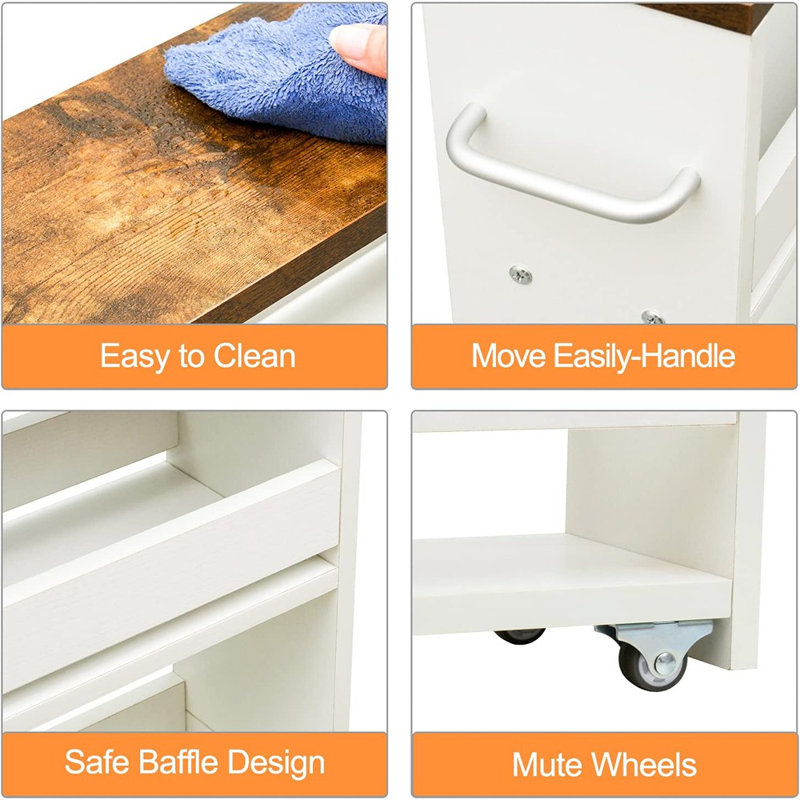 4 Tier White Slim Storage Cart With Handle, Slide Out Sto...