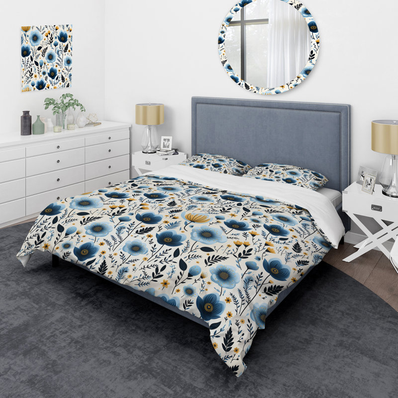 Ensemble de housse de couette Nordic Yellow Blue Garden Dreams I - Floral, Housse de couette simple + 1 taie décorative stan