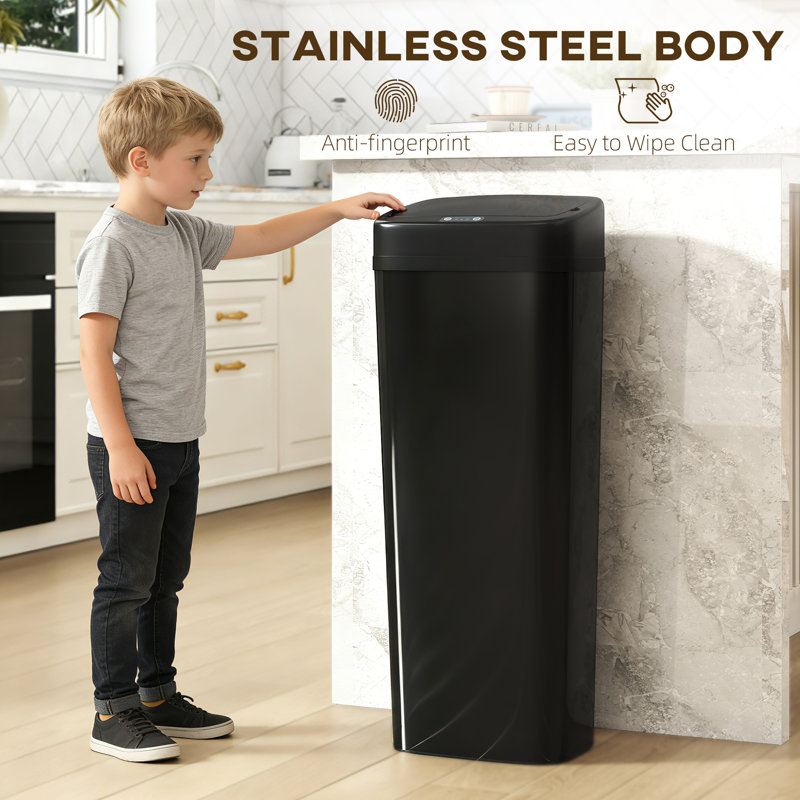  50L Sensor Bin, Stainless Steel Slim Kitchen Bin, Fingerprint-Proof, Black