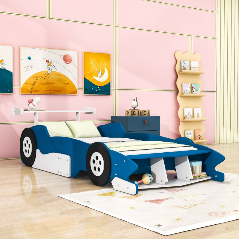 Lit plateforme avec roulettes Race, Simple, Bleu