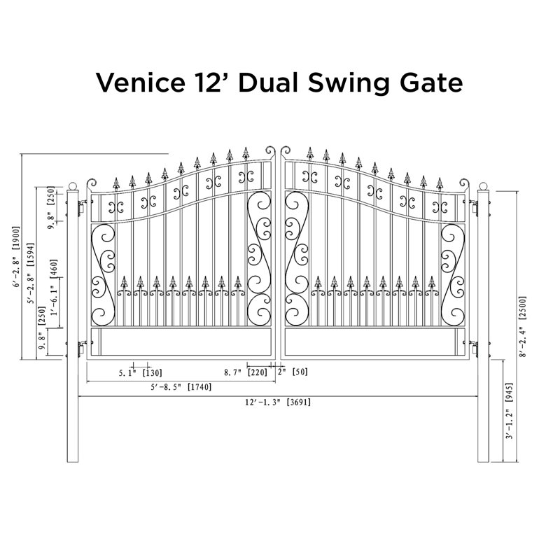 Venice Style Black Steel Dual Swing Driveway Gate with Automatic Opener