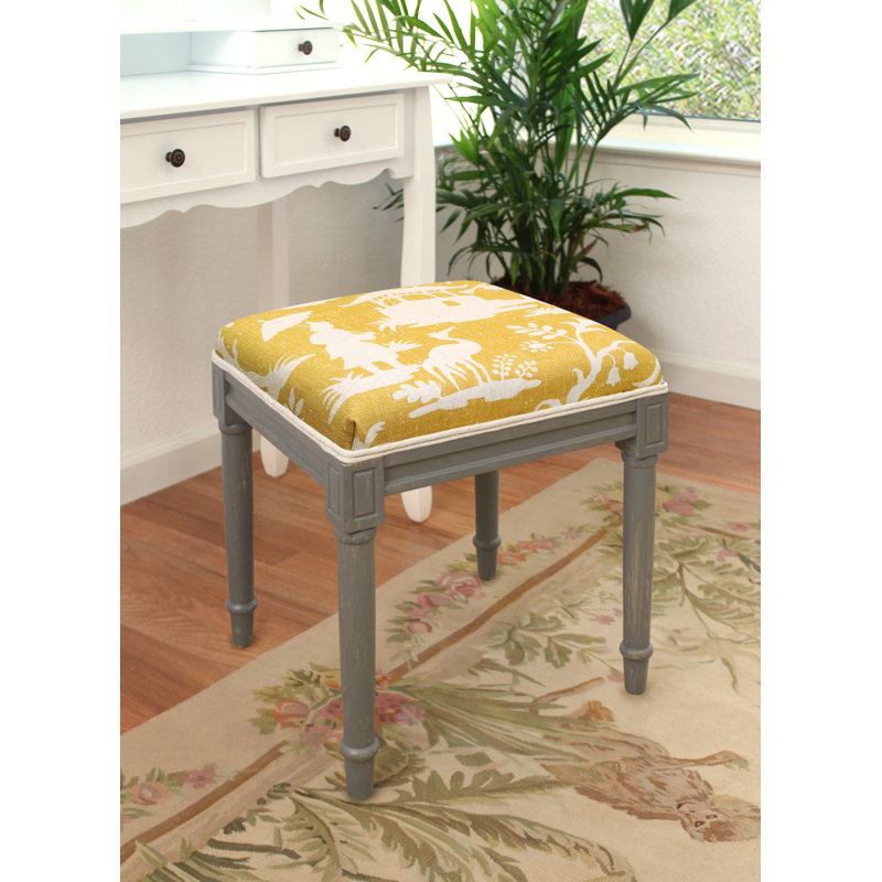 Tabouret de coiffeuse en lin Camillia, Blanc cassé, Jaune moutarde