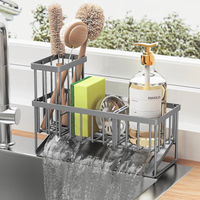 304 Rustproof Stainless Steel Kitchen Sink Caddy, High Brush Holder, Sponge Holder & Soap Dispenser Organizer