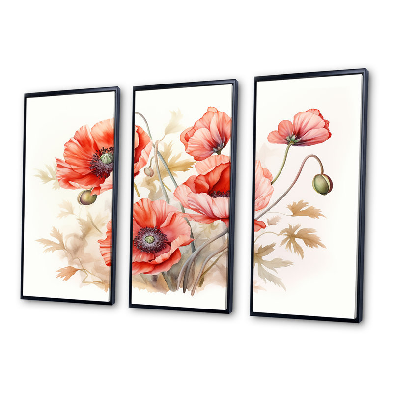 «Poppies Charm In Winter Delight I» - ensemble d'art mural coquelicots, Cadre flottant noir, H 32 po x l 48 po x P 1 po