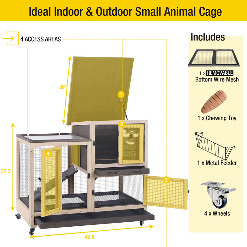 Cage à lapin avec cage pour lapins et 2 plateaux profonds sans fuite - 4 roulettes incluses pour l'extérieur (café), Café