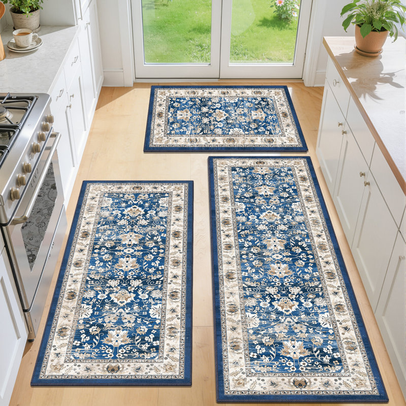Tapis de cuisine antidérapants lavables à la machine (ensemble de 3), Beige/bleu
