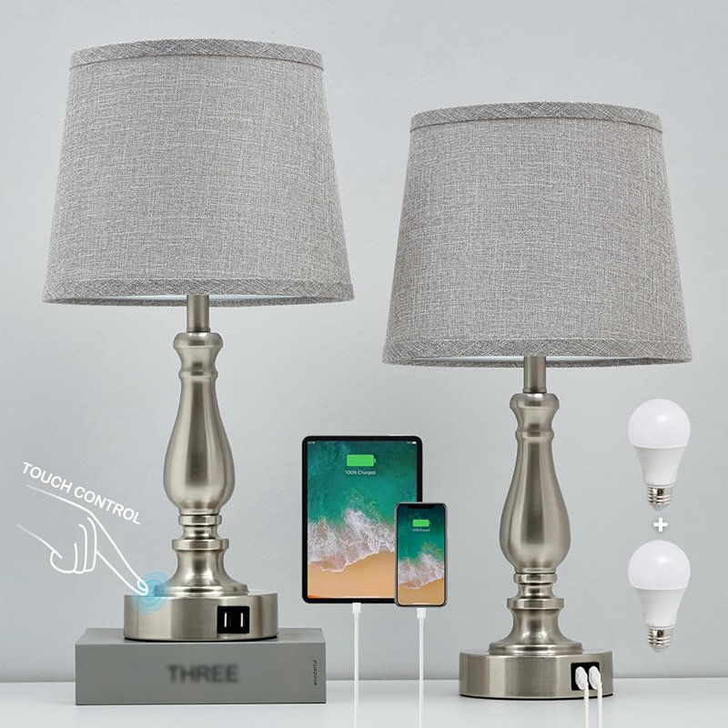 Black and Beige Touch Control Table Lamp Set with USB Ports