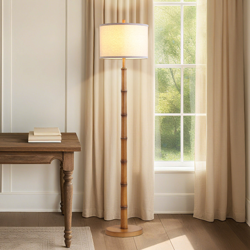 Lampe sur pied sculpturale de style bambou 62 po avec abat-jour en lin ivoire, interrupteur rotatif, ampoule DEL incluse