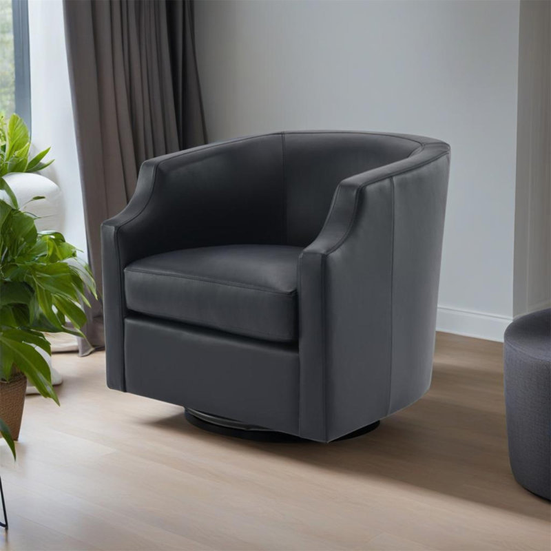 Fauteuil demi-tonneau pivotant et pivotant, Bleu / cuir véritable noir