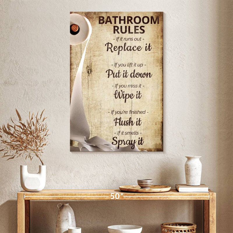Funny Bathroom Rules Canvas Print, 26" H x 39" W x 1.25" D