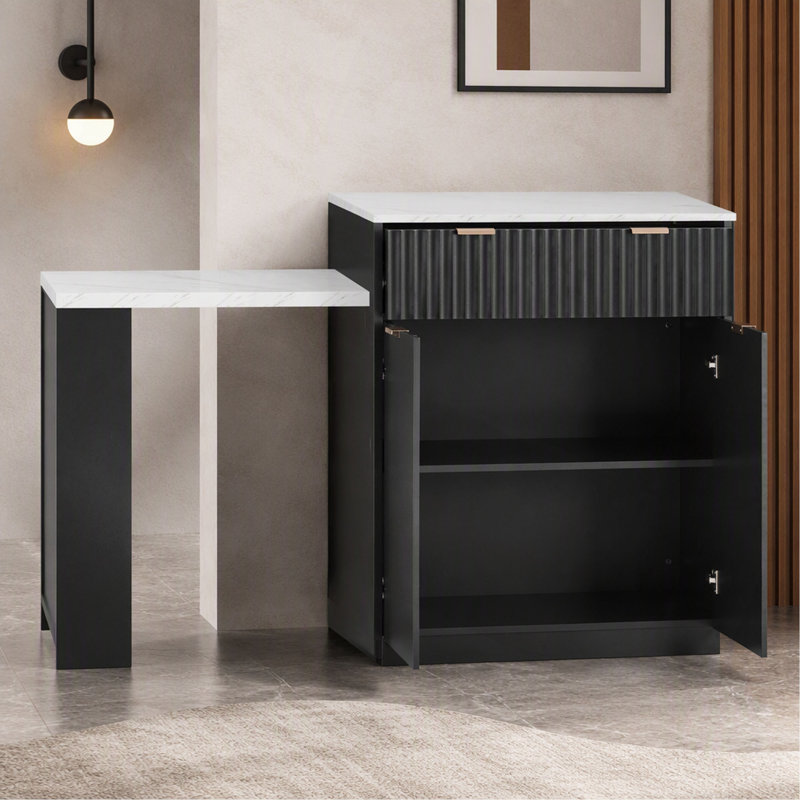 Îlot de cuisine cannelé K&K de 210 cm avec table à manger extensible pour 4 à 6 personnes, table d'îlot avec prise électrique, table de cuisine avec rangement double face, 2 tiroirs et 2 étagères latérales ouvertes.