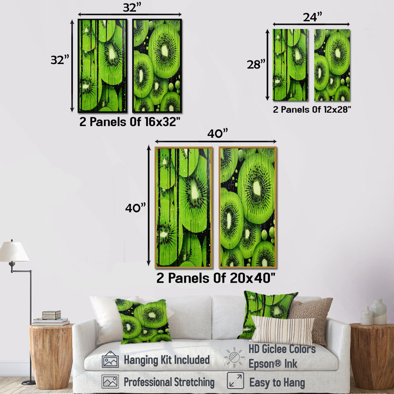 Ensemble de 2 décorations murales émeraude Kiwi - fruits, H 28 po x l 25 po, Toile tendue