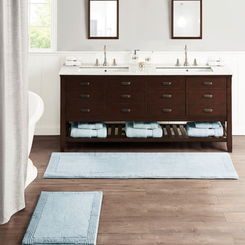 Tapis pour salle de bain 100% coton réversible, 3000 g / m², bleu 21 x 34 po, texture douce et douce, bleu lourd, coton, réversible,