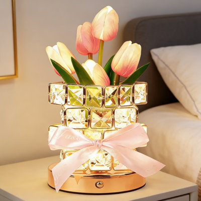 Crystal Magic Cube Tulip LED Night Light | Simulated Flower Table Lamp with Pink Ribbon | Bedroom or Wedding Decor | Luxury Romantic Style