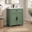 Meuble-lavabo sur pied de 70,2 cm (27,64 po) avec rangement, design moderne du milieu du siècle, armoire peinte en vert, lavabo en céramique et poignées en métal