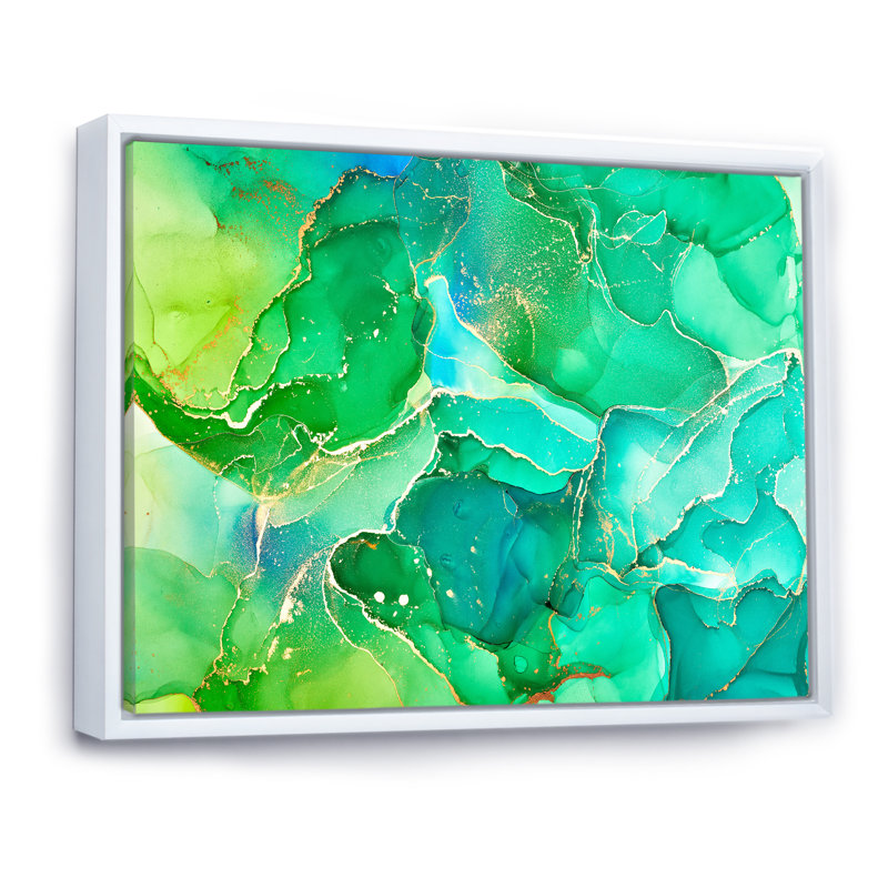 Vert et bleu liquide, reproduction d'art sur toile moderne, Cadre flottant blanc, H 16 po x l 32 po
