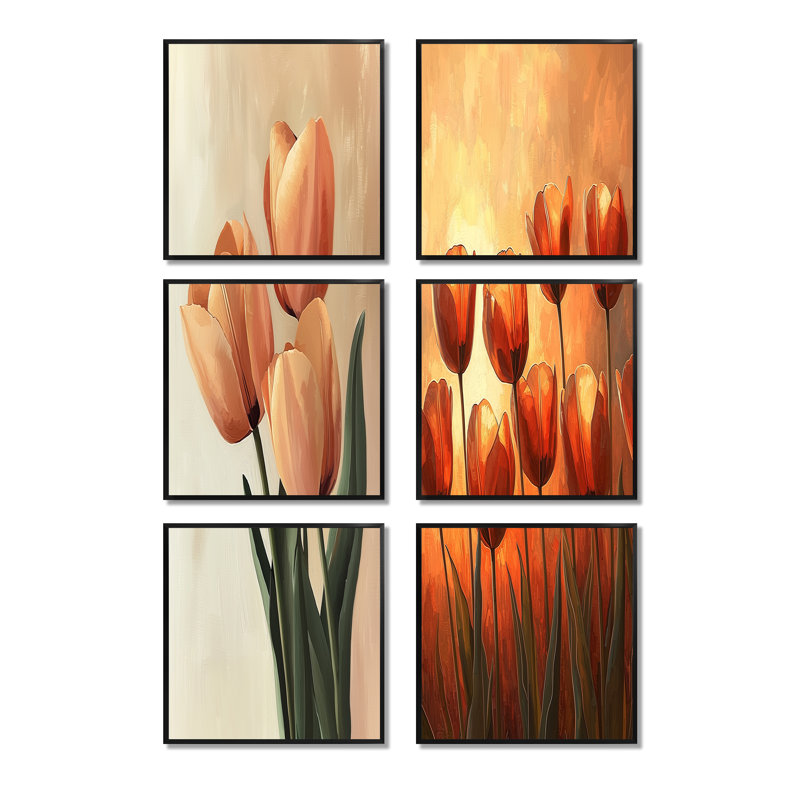 Tulipes brunes, lueur d'automne, art mural sur toile florale, ensemble de 6, Impression encadrée sans passe-partout, Noir