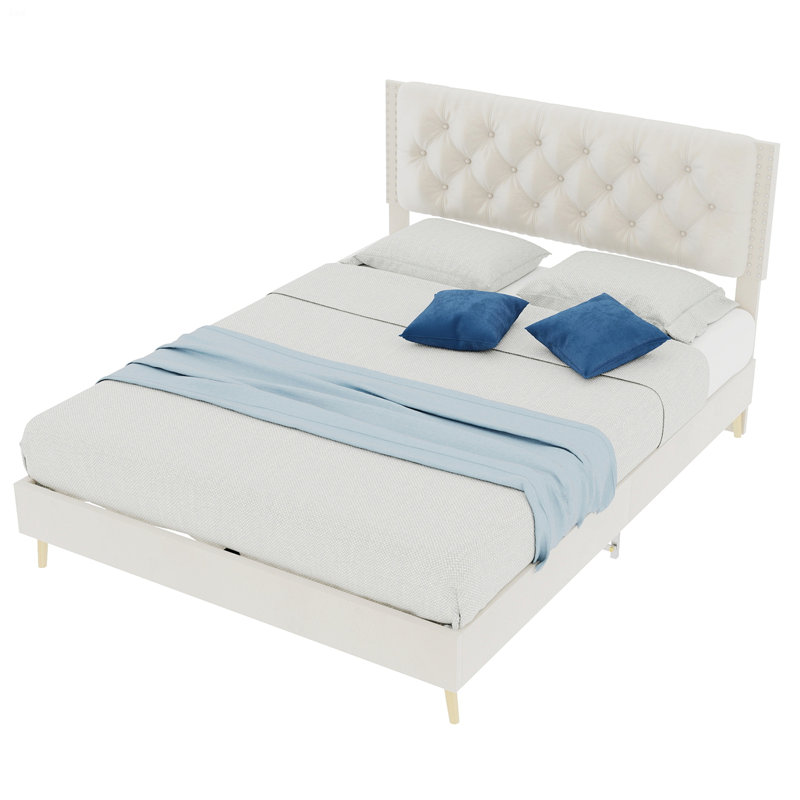 Upholstered Bed With Tufted Headboard, Beige, Lit double