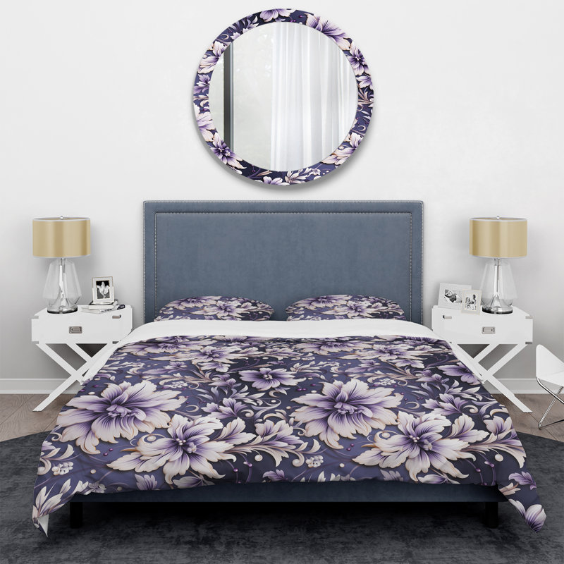 Ensemble de housse de couette damassé mauve à motif de damas mauve, Housse de couette simple + 1 taie décorative stan